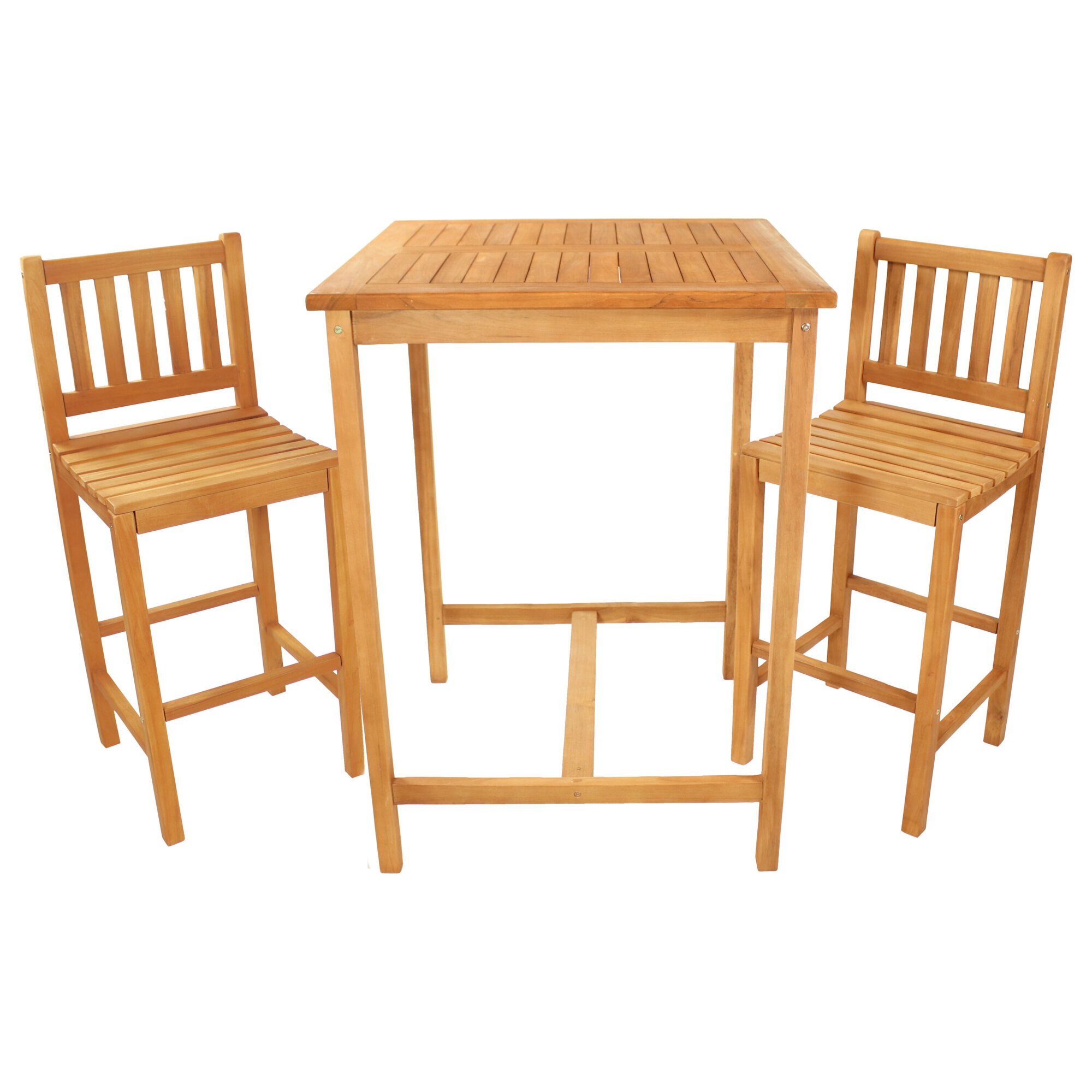 Sunnydaze Decor, 3-Piece Teak Wood Bar-Height Patio Dining Set, Pieces (qty.) 3 Primary Color Brown, Seating Capacity 2 Model# JVA-076-069-2